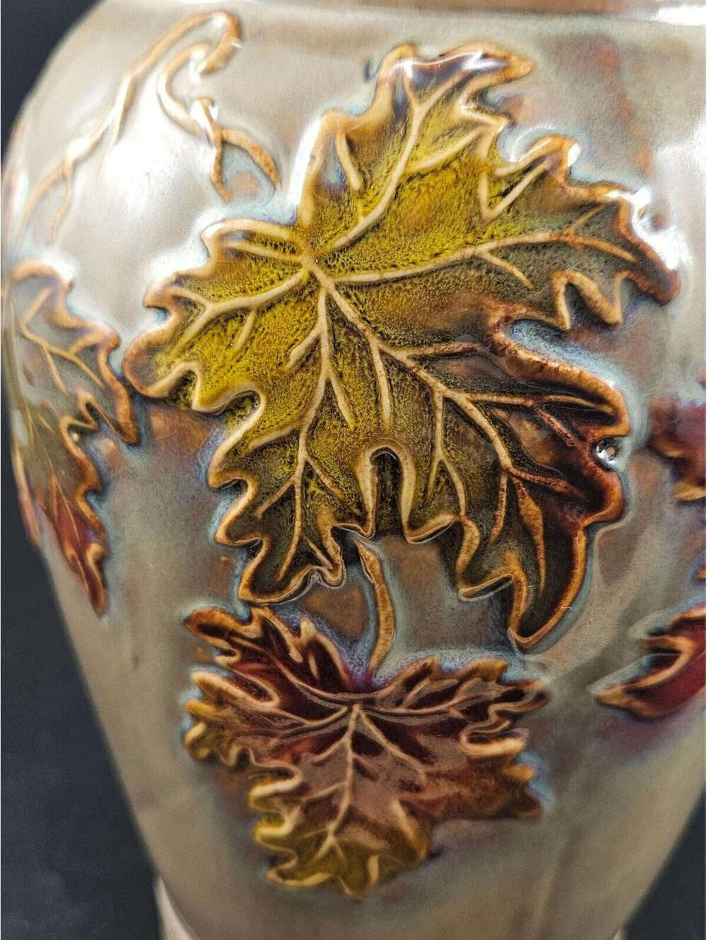 Vintage Ceramic Vase with Raised Autumn Leaves Design
